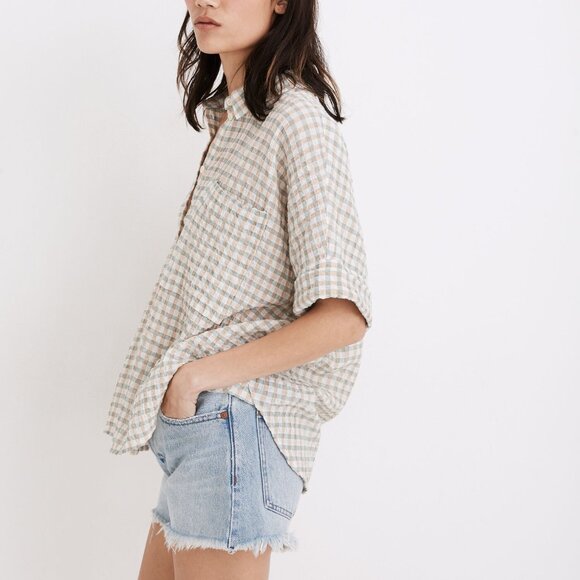 Madewell Gingham Seersucker Daily Button Down Top XS Short Sleeve Gauze Cotton - Picture 2 of 10